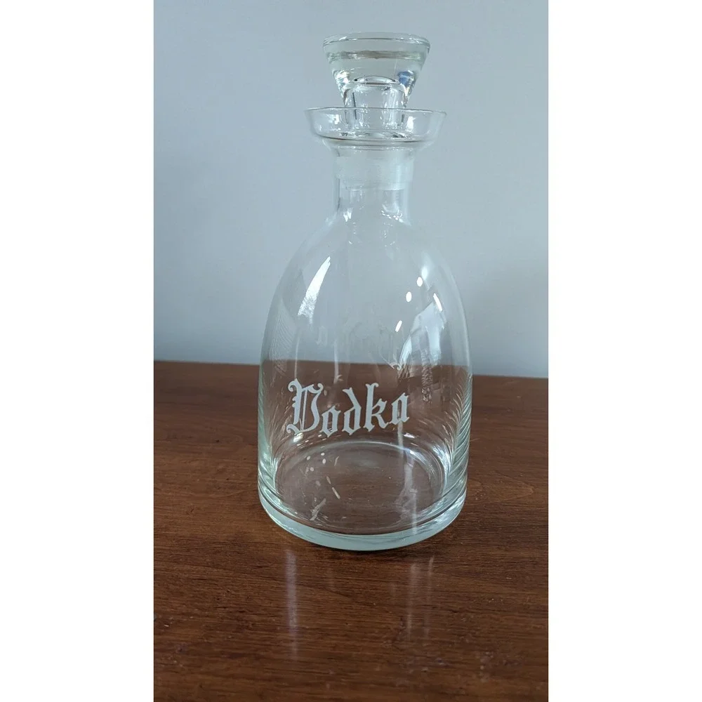 Vintage Clear Glass Vodka Decanter with Stopper Etched Gothic Font Barware